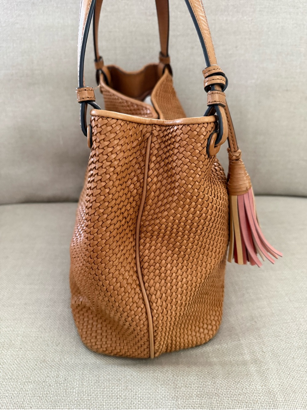 Tory Burch Tan Woven Leather Satchel with Pink & Cream Tassels - Picture 2 of 8